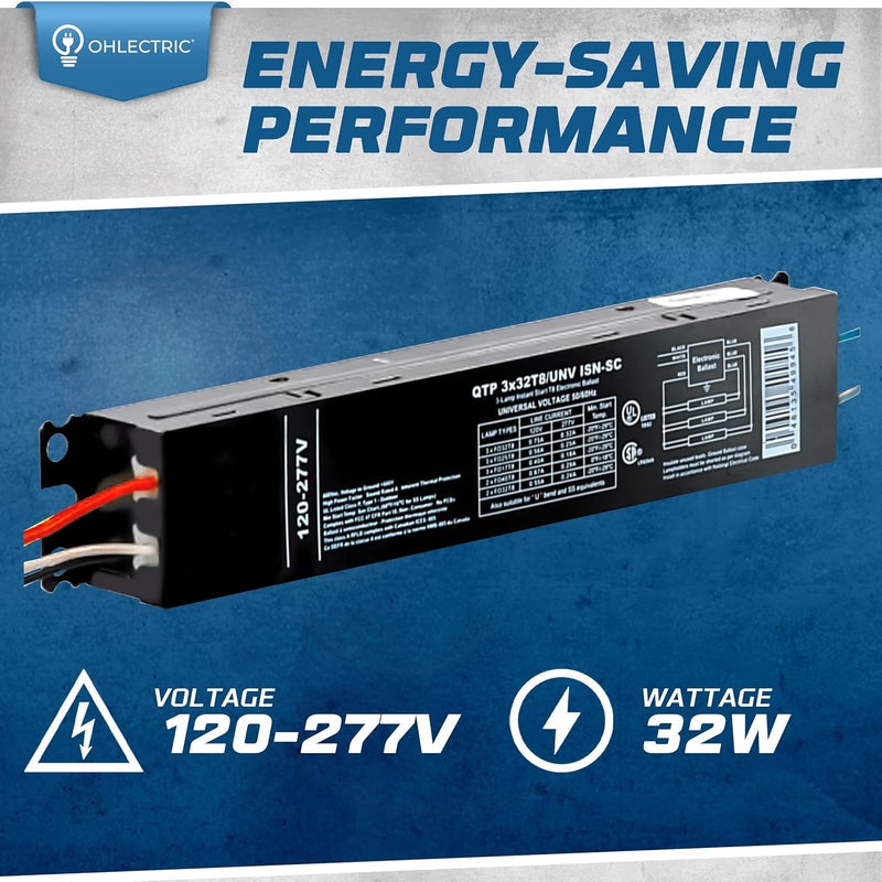 OHLECTRIC Replacement for Sylvania Ballast QTP 3X32T8/UNV ISN-SC, Philips ICN-3P32-N, Keystone KTEB-332-UV-IS-N-P, for 3 Fluorescent T8 Lamps - 120-277V - 32 Watt - Image 2